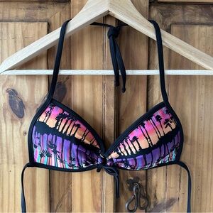OP Ocean Pacific Bikini Top Tropical Sunset Palm Trees Vacation Black Purple